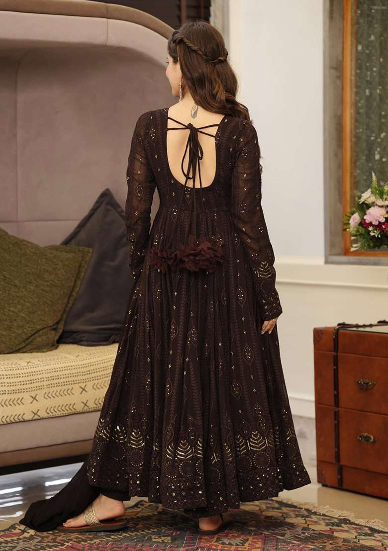Brown Sequin Work Georgette Anarkali Set - Indya