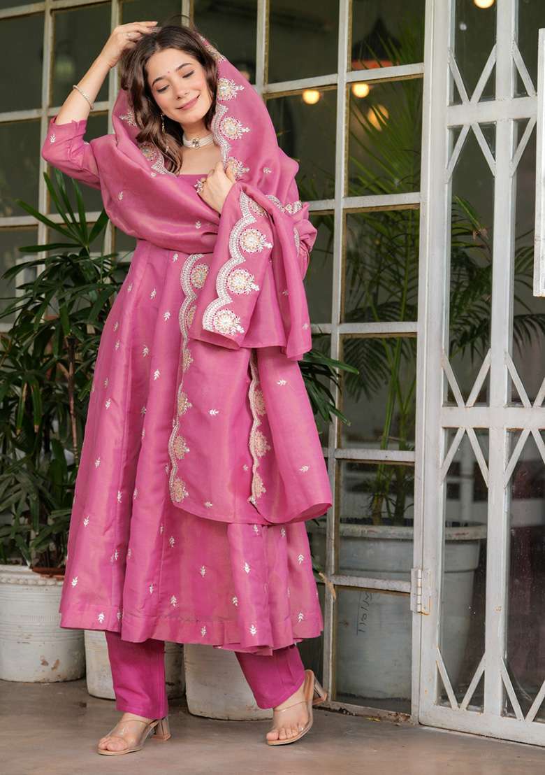 Pink Embroidered Georgette Anarkali Set - Indya
