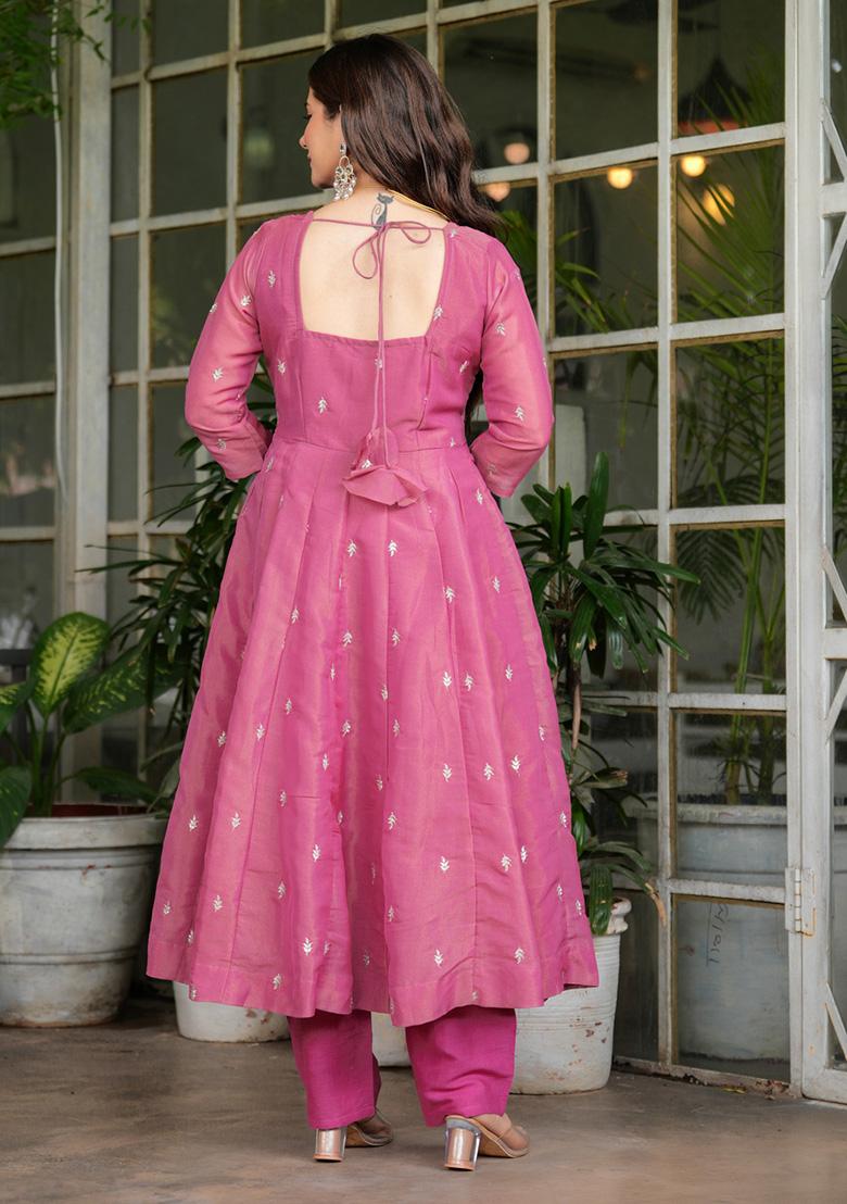 Pink Embroidery Georgette Kurta Set - Indya