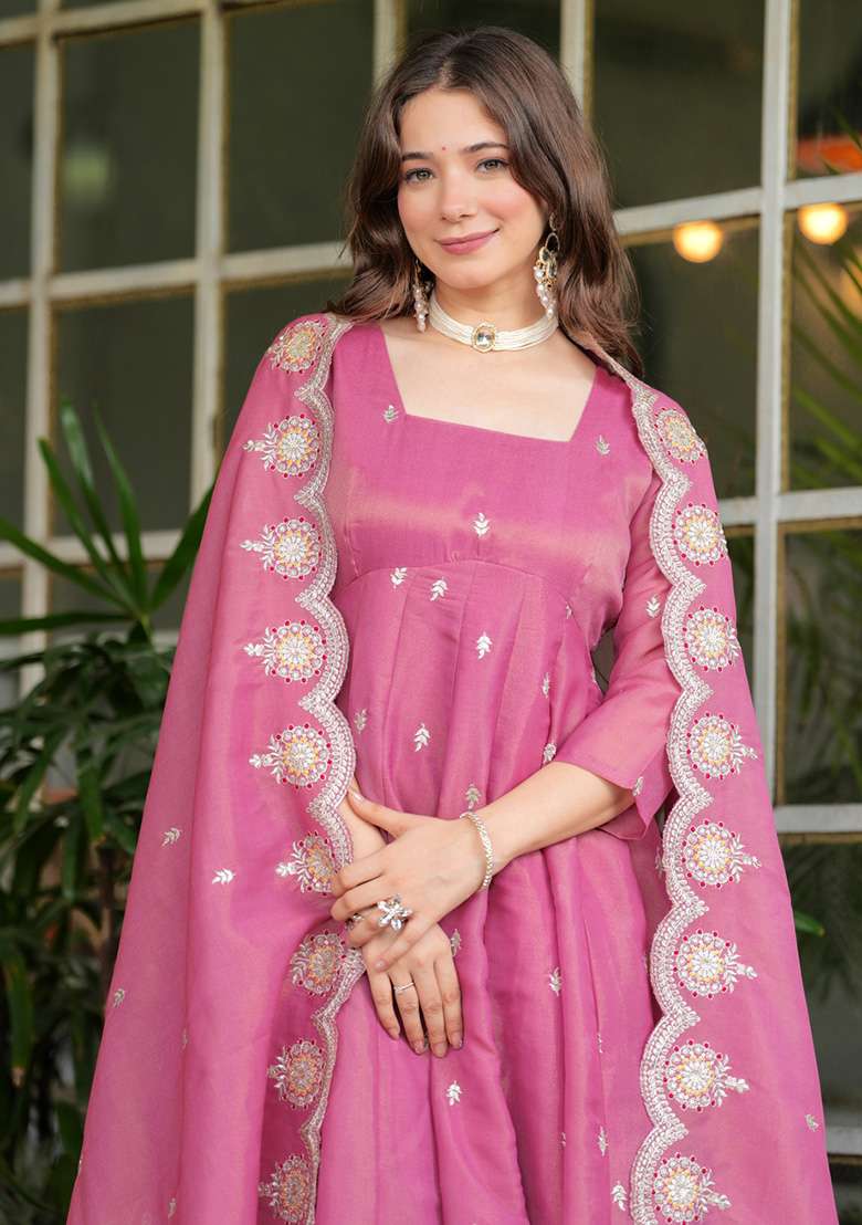 Pink Embroidered Georgette Anarkali Set - Indya