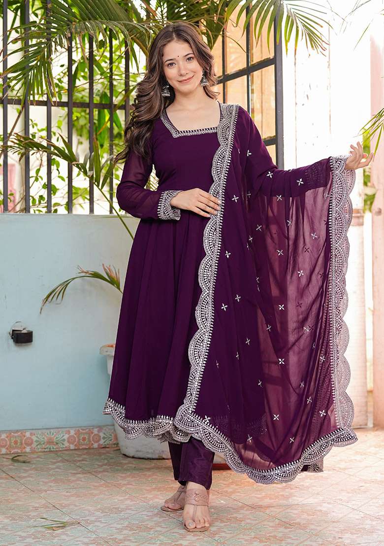 Wine Embroidered Georgette Anarkali Set - Indya