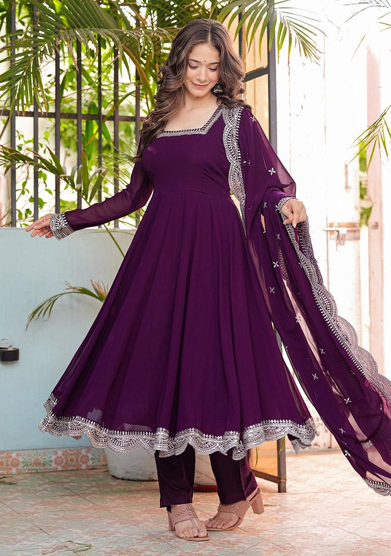 Wine Thread Embroidery With Lace Work Georgette Kurta Set - Indya