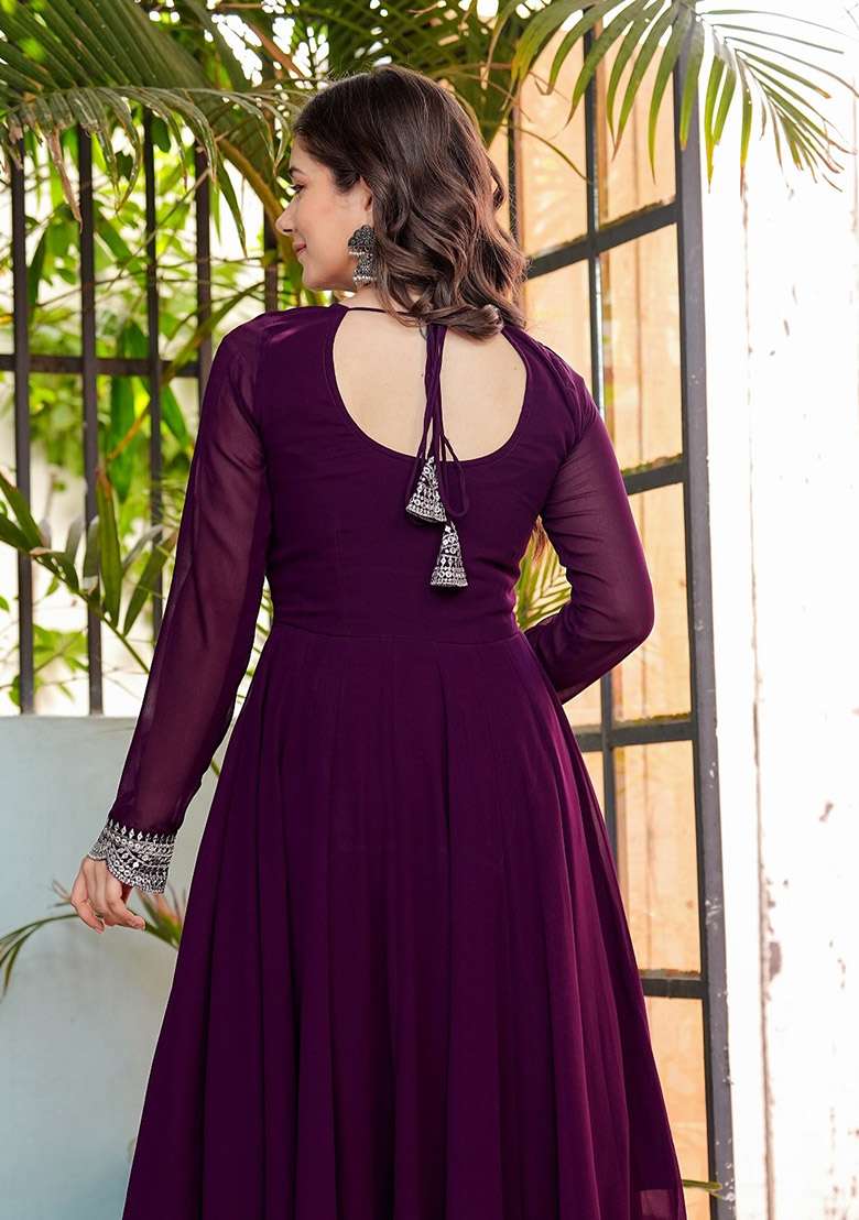 Wine Embroidered Georgette Anarkali Set - Indya