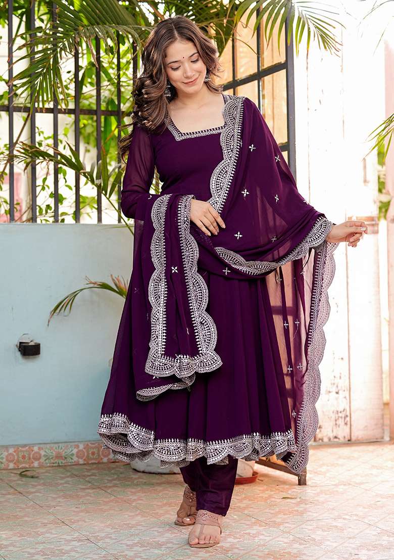 Wine Embroidered Georgette Anarkali Set - Indya