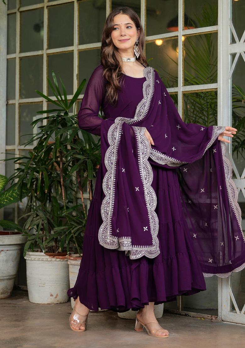 Wine Thread Embroidery With Dupatta Lace Work Georgette Kurta With Dupatta - Indya
