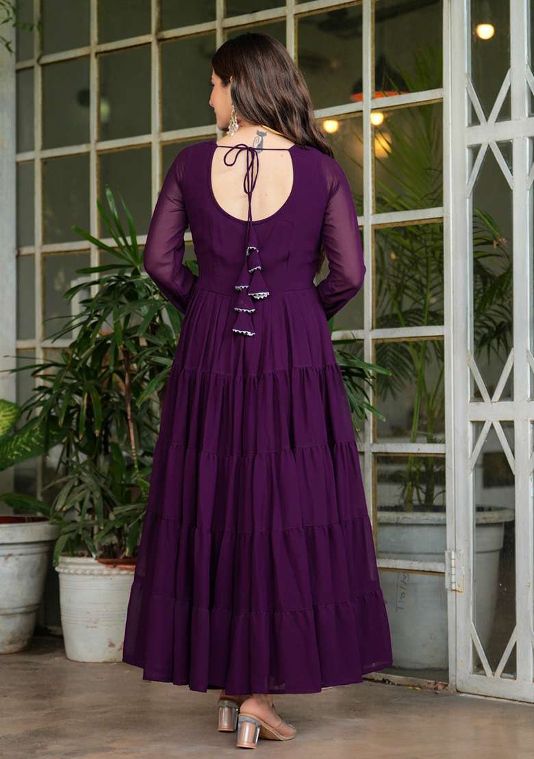 Wine Embroidered Georgette Anarkali Set - Indya