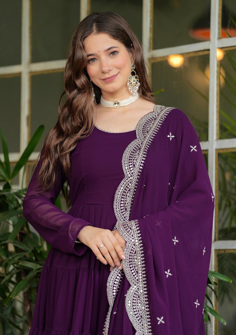 Wine Thread Embroidery With Dupatta Lace Work Georgette Kurta With Dupatta - Indya