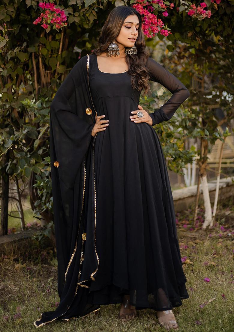Black Solid Georgette Kurta With Dupatta - Indya