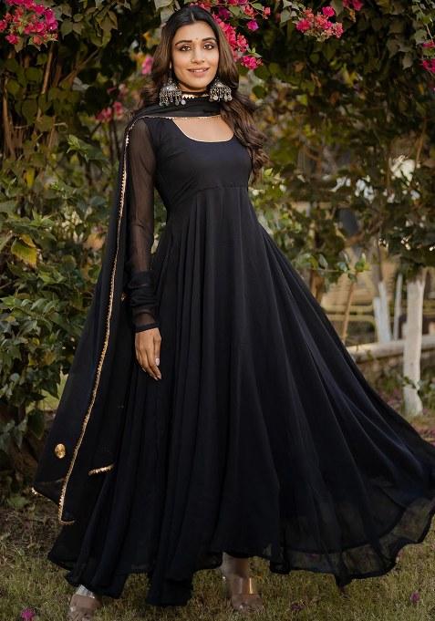 Black Solid Georgette Kurta With Dupatta