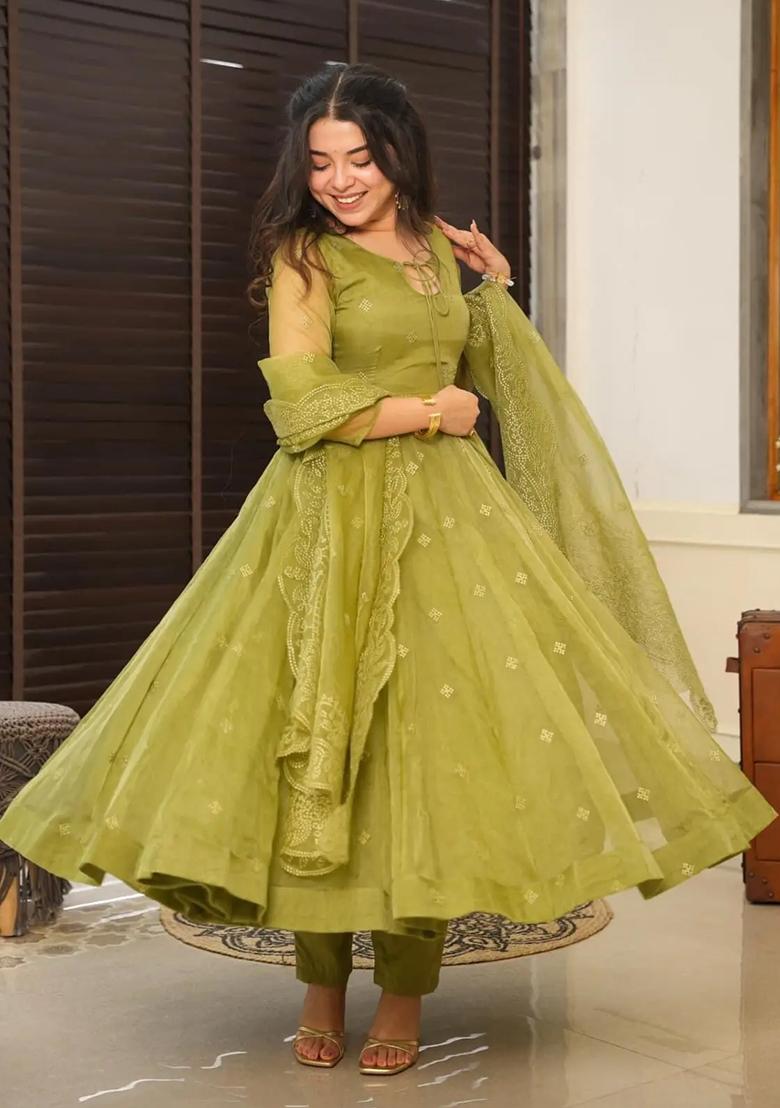 Olive Green Embroidery Organza Kurta Set - Indya
