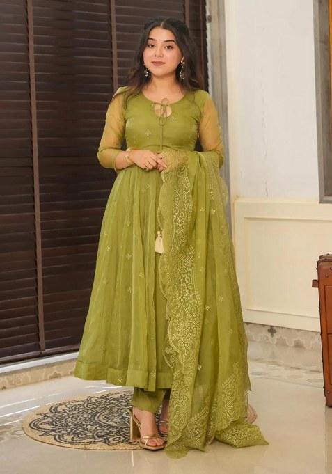 Olive Green Embroidery Organza Kurta Set