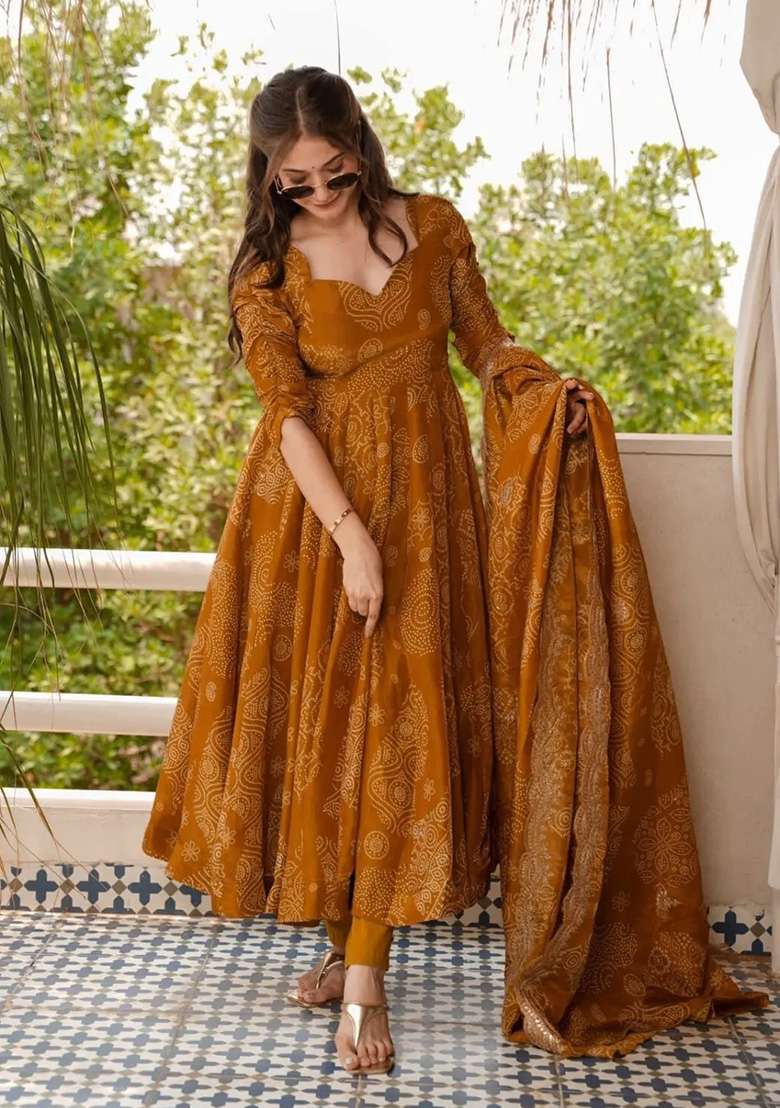 Brown Printed Organza Anarkali Set - Indya