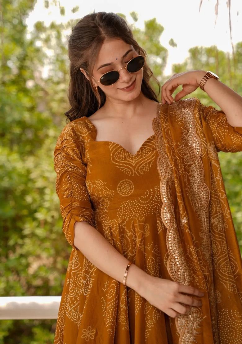 Brown Printed Organza Kurta Set - Indya