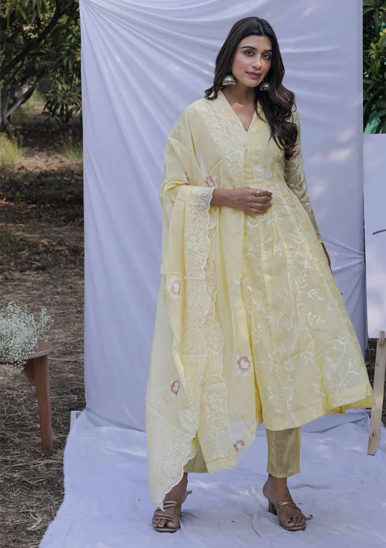 Light Yellow Chikankari Organza A Line Kurta Set - Indya