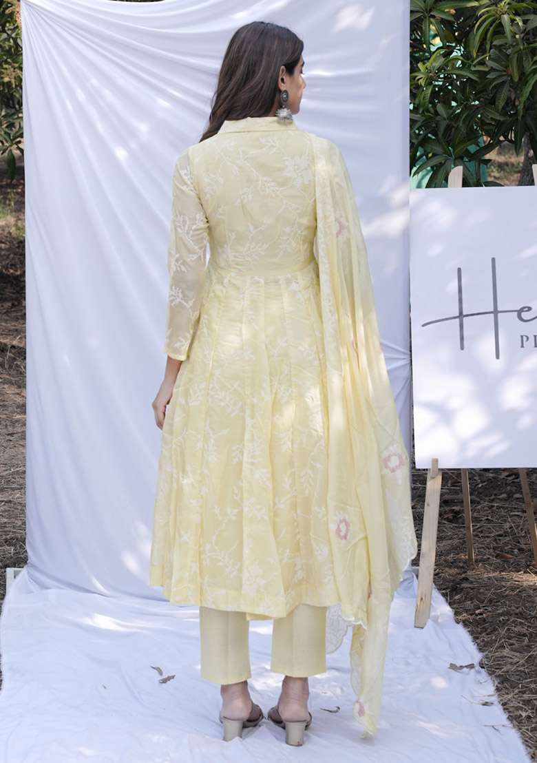 Light Yellow Chikankari Organza A Line Kurta Set - Indya
