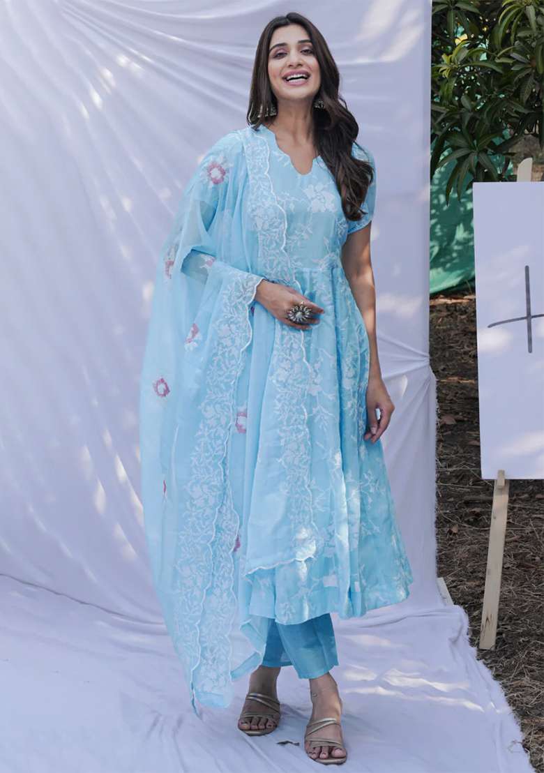 Sky Chikankari Organza Anarkali Set - Indya