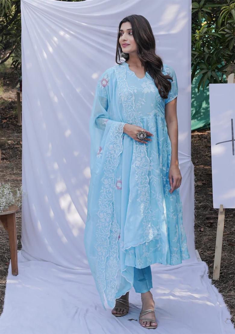 Sky Embroidery Organza Kurta Set - Indya