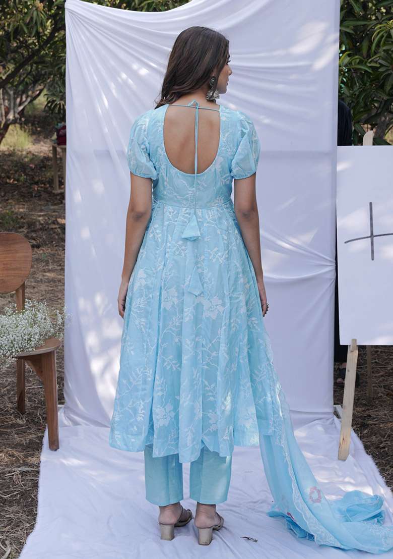 Sky Chikankari Organza Anarkali Set - Indya