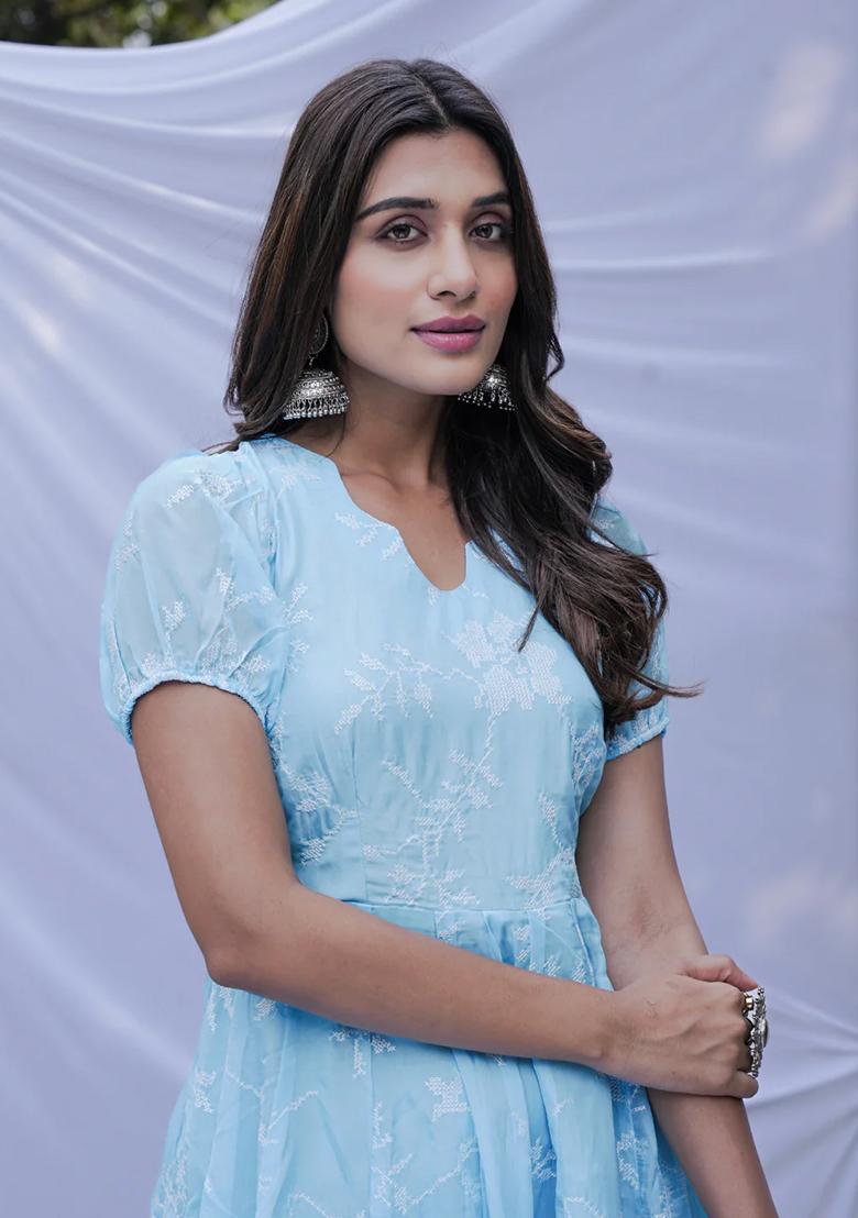 Sky Embroidery Organza Kurta Set - Indya