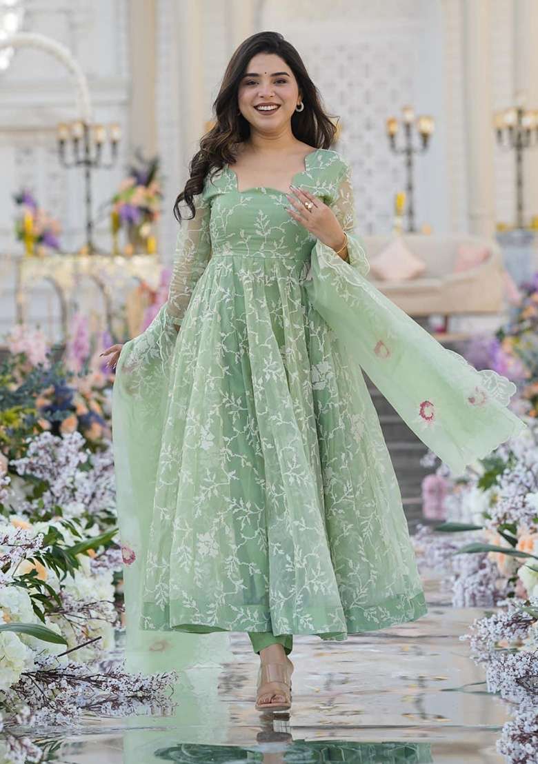 Light Green Embroidered Organza Anarkali Set - Indya