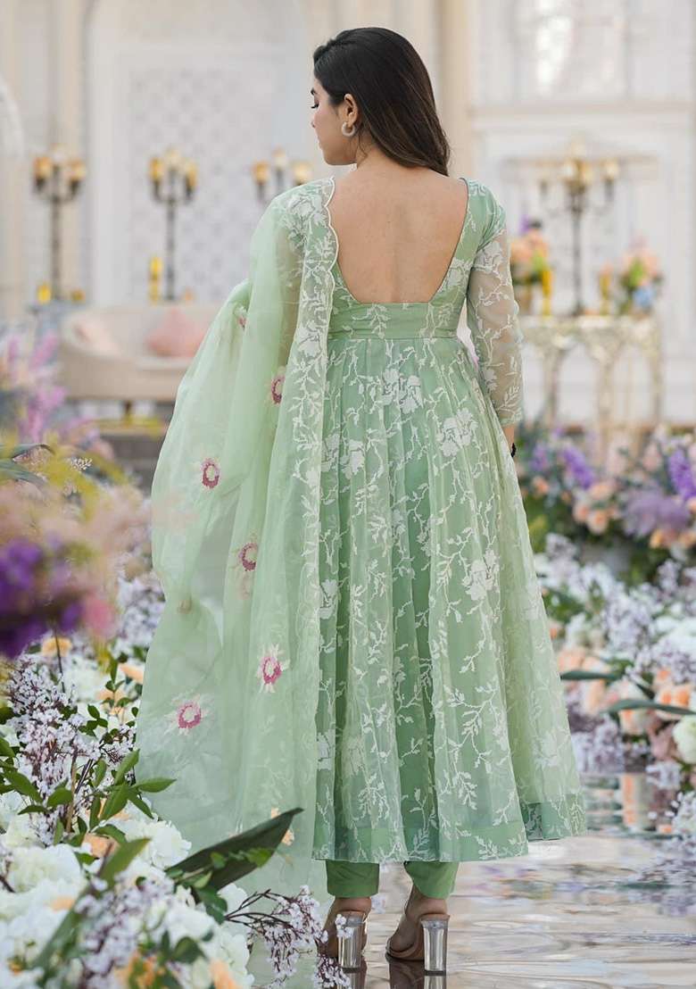 Light Green Embroidered Organza Anarkali Set - Indya