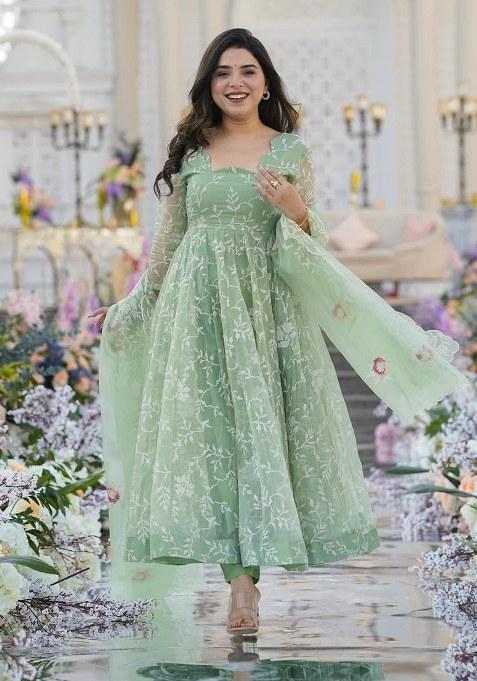 Light Green Embroidery Organza Kurta Set