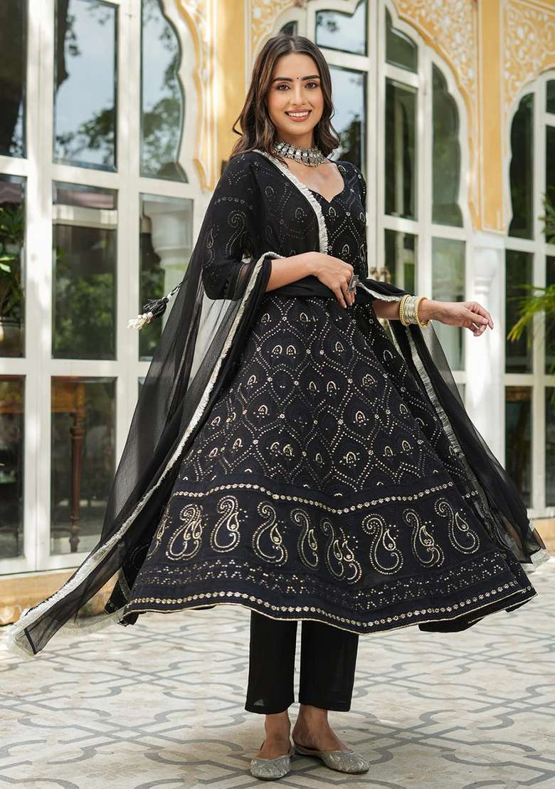 Black Embroidered Georgette Anarkali Set - Indya