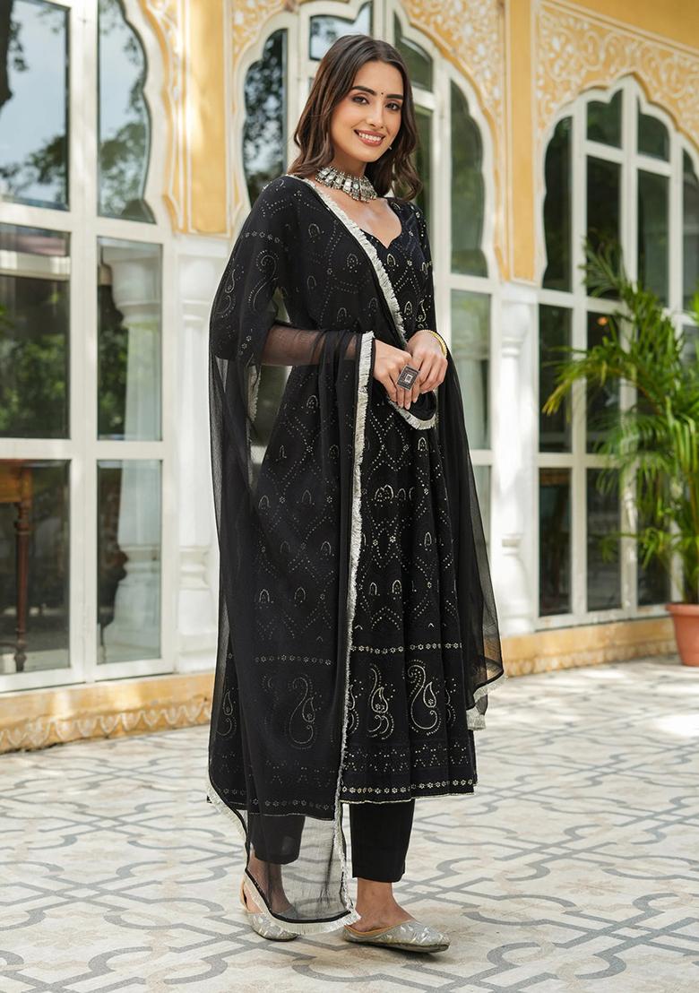Black Embroidery Georgette Kurta Set - Indya