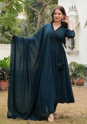 Teal Solid Georgette Kurta Set