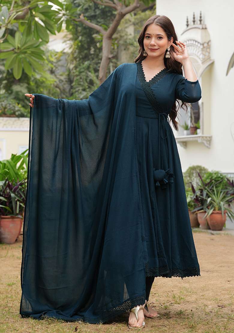 Teal Embroidered Georgette Anarkali Set - Indya