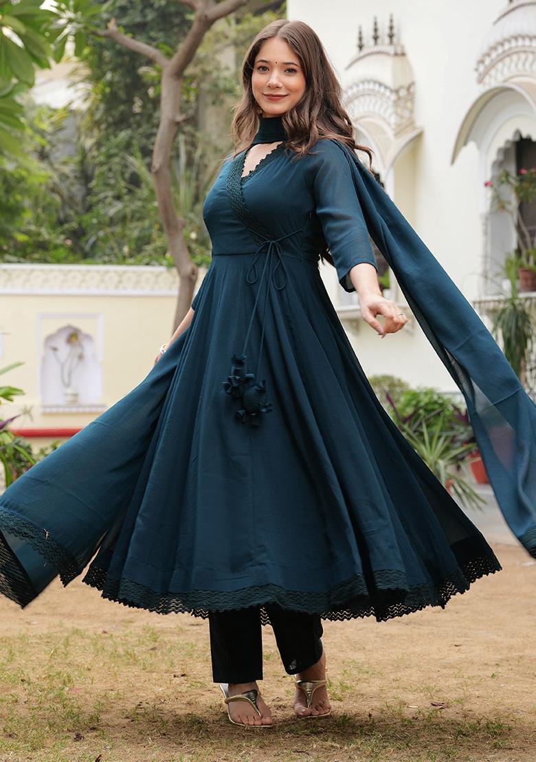 Teal Solid Georgette Kurta Set - Indya