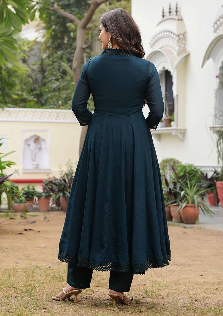 Teal Embroidered Georgette Anarkali Set - Indya