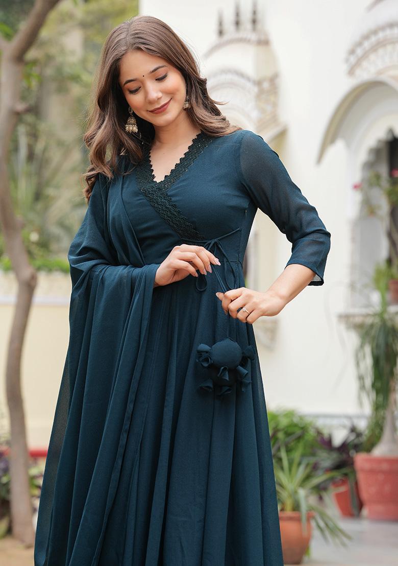 Teal Solid Georgette Kurta Set - Indya
