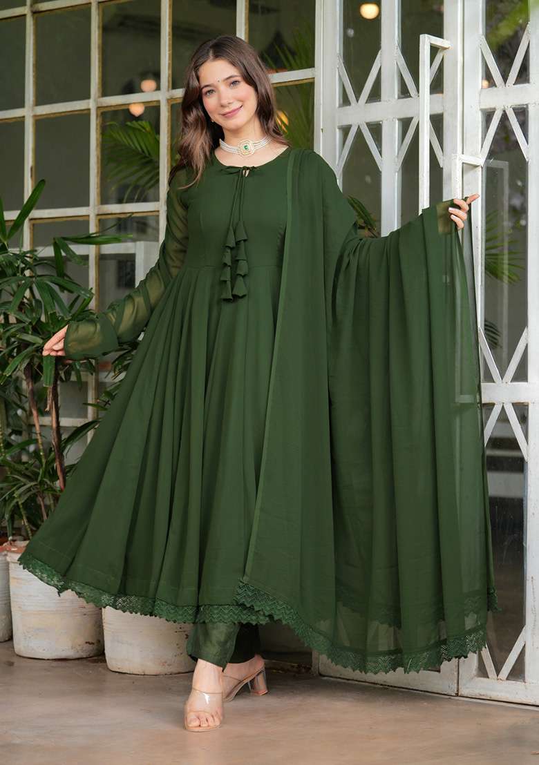 Olive Green Solid Georgette Anarkali Set - Indya