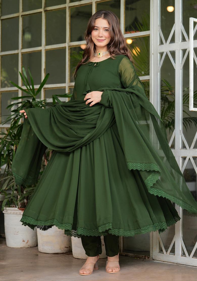 Olive Green Solid Georgette Kurta Set - Indya
