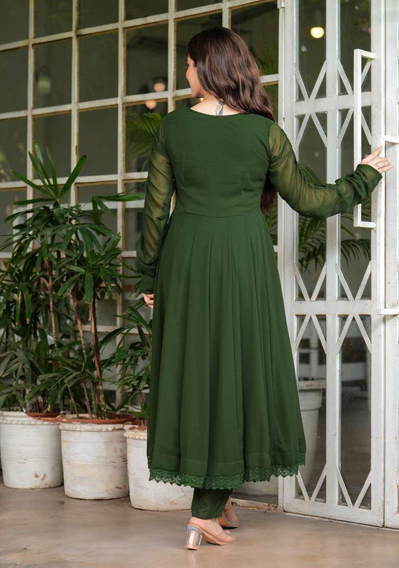 Olive Green Solid Georgette Anarkali Set - Indya