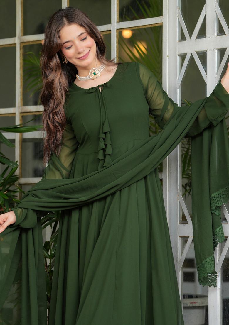 Olive Green Solid Georgette Kurta Set - Indya