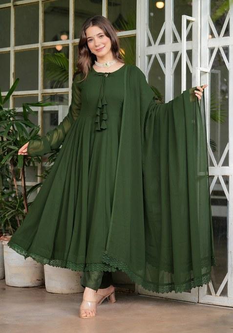 Olive Green Solid Georgette Kurta Set