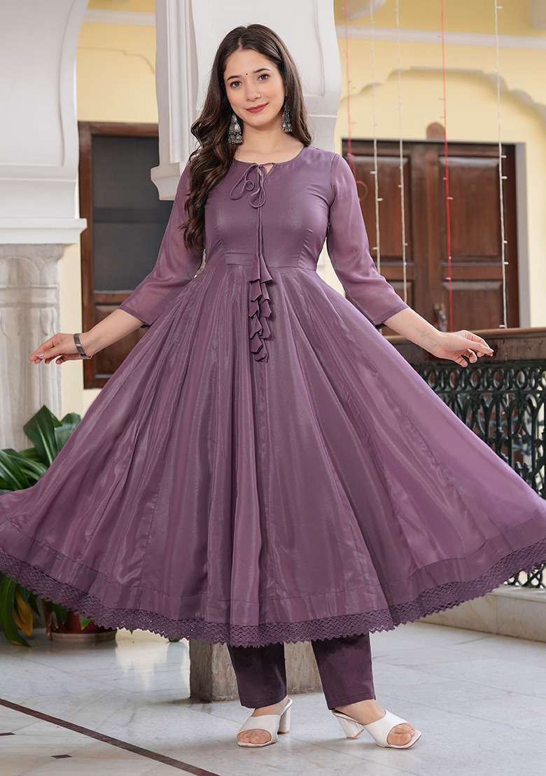 Purple Solid Georgette Anarkali Set - Indya