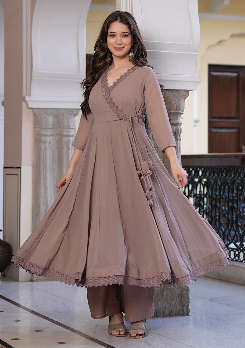 Beige Solid Georgette Anarkali Set - Indya