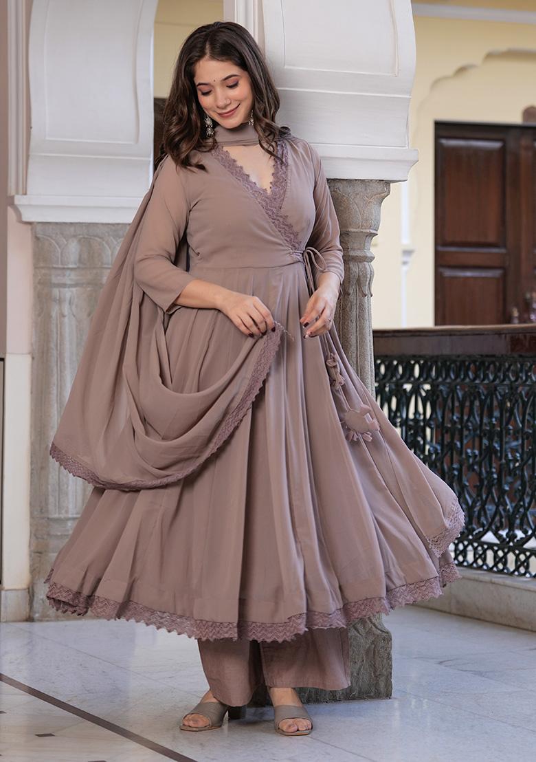 Beige Solid Georgette Kurta Set - Indya