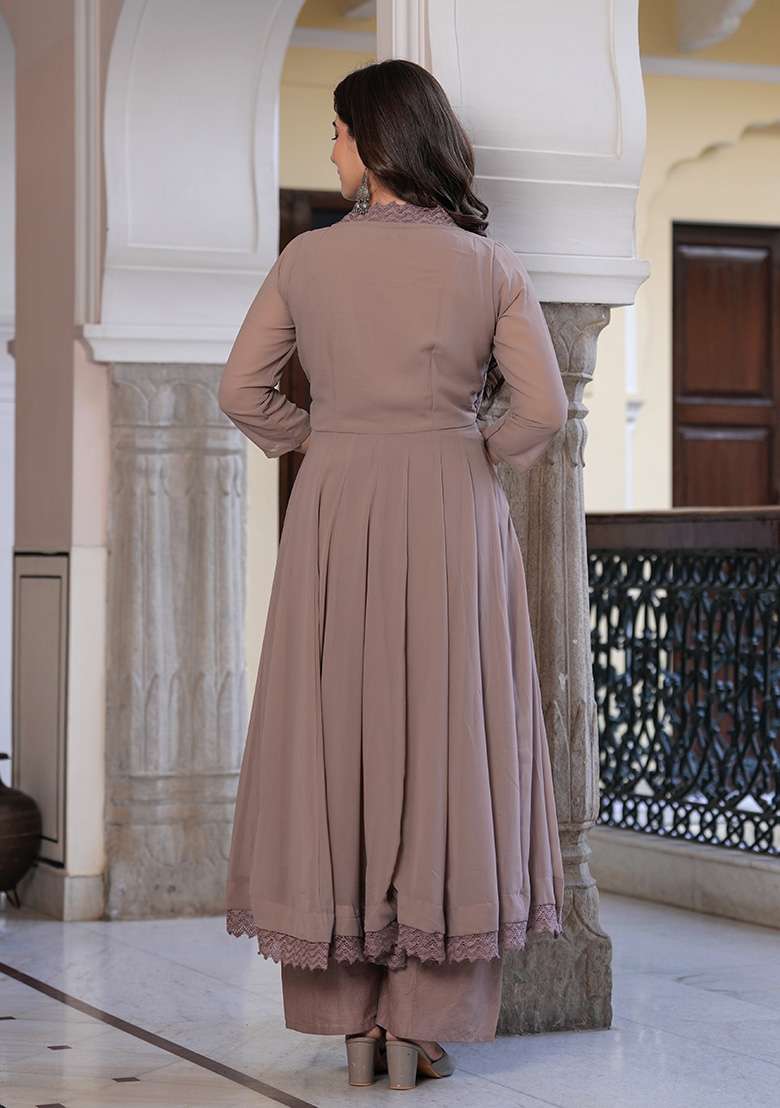 Beige Solid Georgette Anarkali Set - Indya