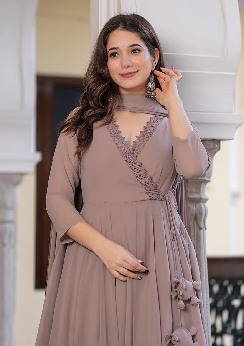 Beige Solid Georgette Kurta Set - Indya