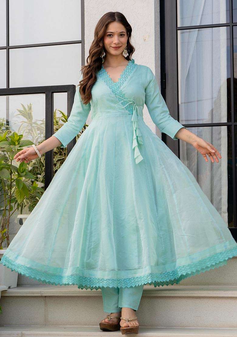 Sky Embroidered Organza Anarkali Set - Indya