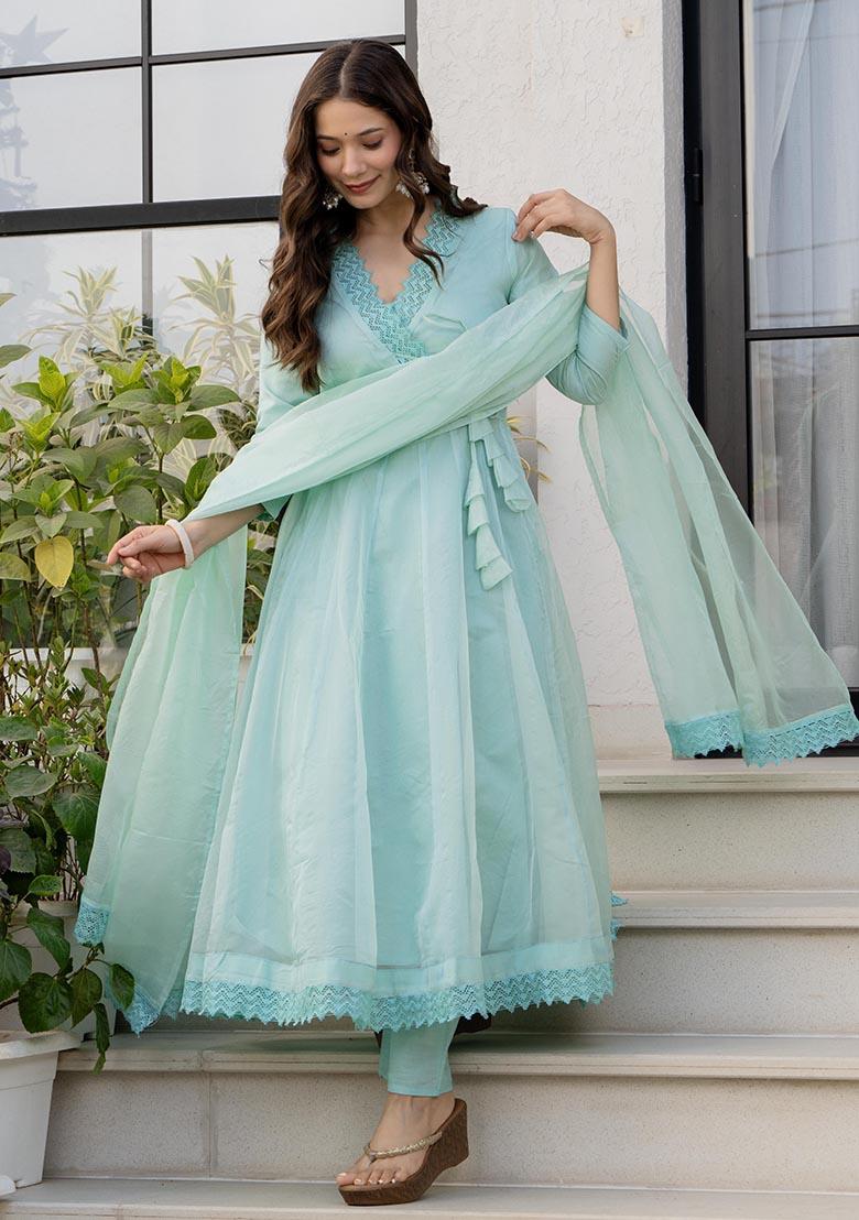 Sky Solid Organza Kurta Set - Indya