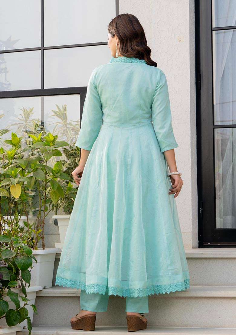 Sky Embroidered Organza Anarkali Set - Indya