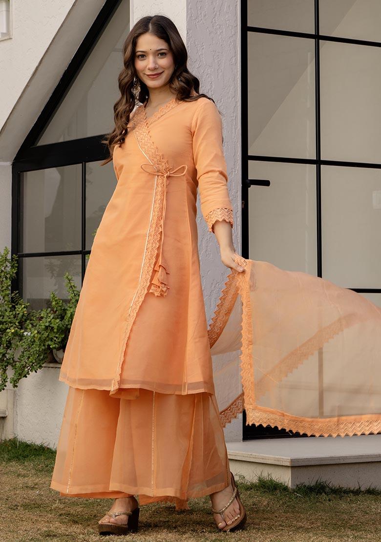 Orange Solid Organza Kurta Set - Indya