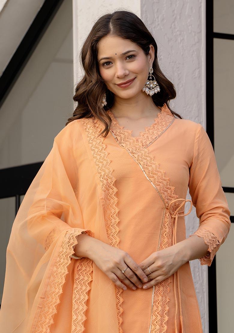 Orange Solid Organza Kurta Set - Indya