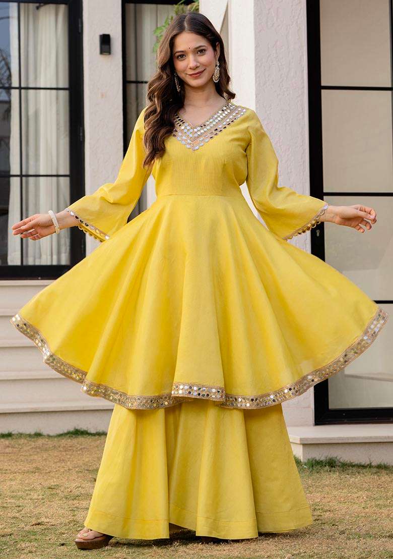 Light Yellow Sequin Work Chanderi Sharara Set - Indya