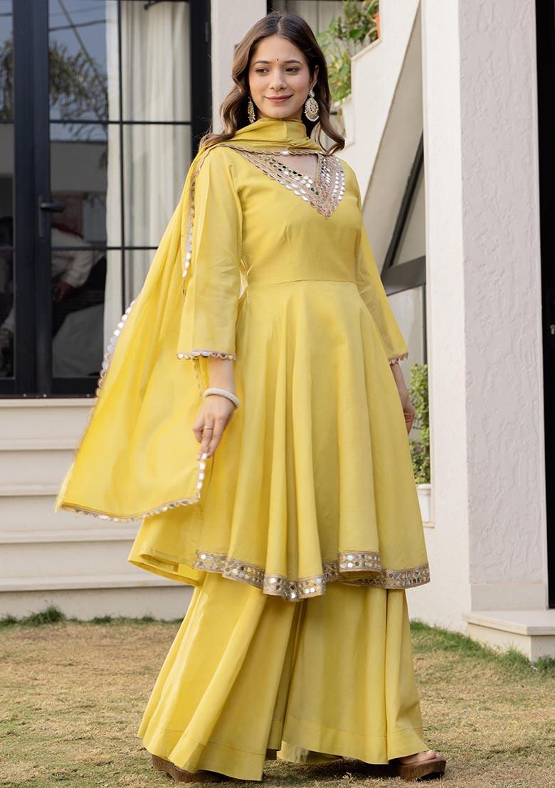 Light Yellow Solid Chanderi Kurta Set - Indya